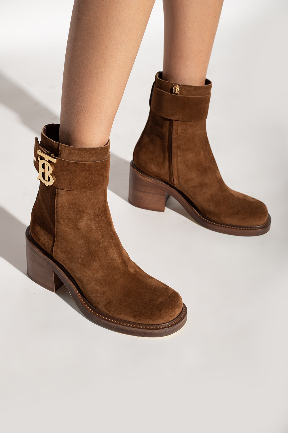 Brown Westella suede heeled ankle boots Burberry SchaferandweinerShops Spain Burberry cable knit funnel neck jumper WeiB